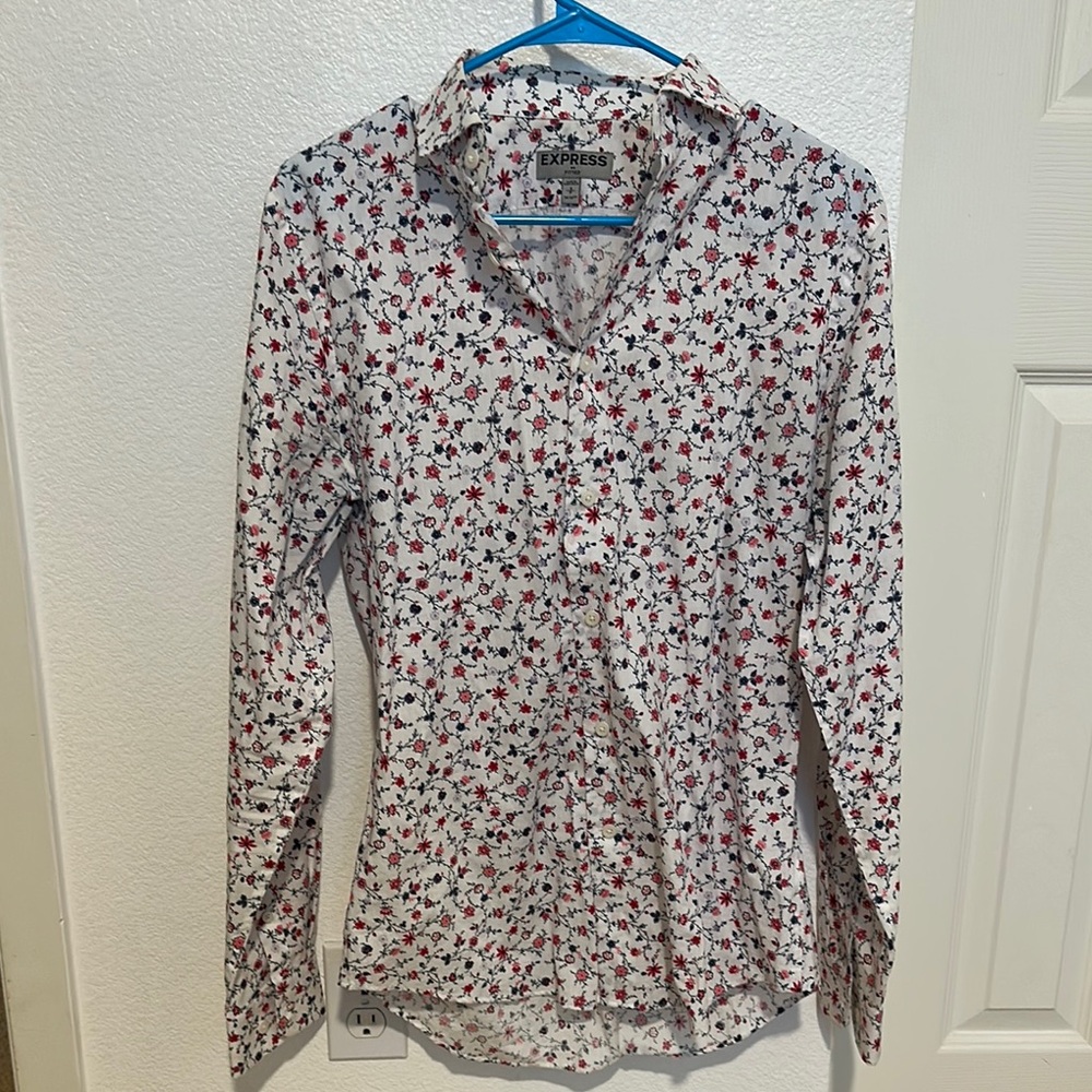 Express Men’s Button Down Shirt White and Red Floral